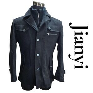 Jianyi Pea Coat Men L Black Wool Blend Removable Bib Jacket Quilted Classic Warm